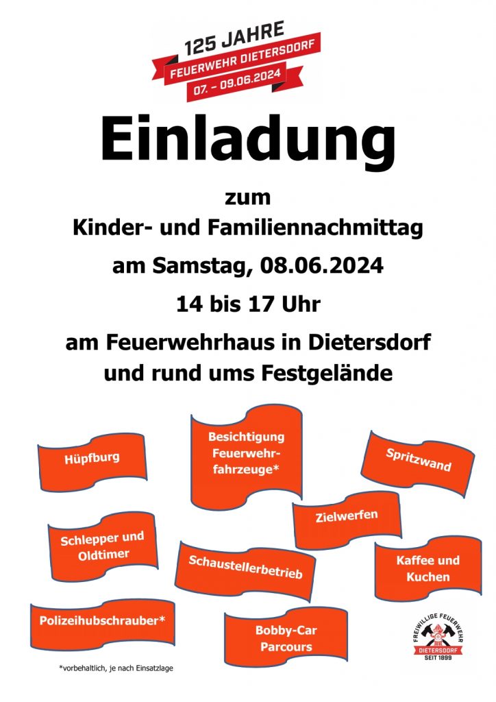 08.06.2024 - Einladung Kinder- und Familiennachmittag Freiwillige Feuerwehr Dietersdorf e.V.